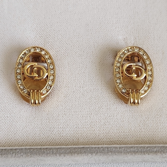 CHRISTIAN DIOR Vintage CD Logo Rhinestone Earrings in original box - Picture 1 of 7